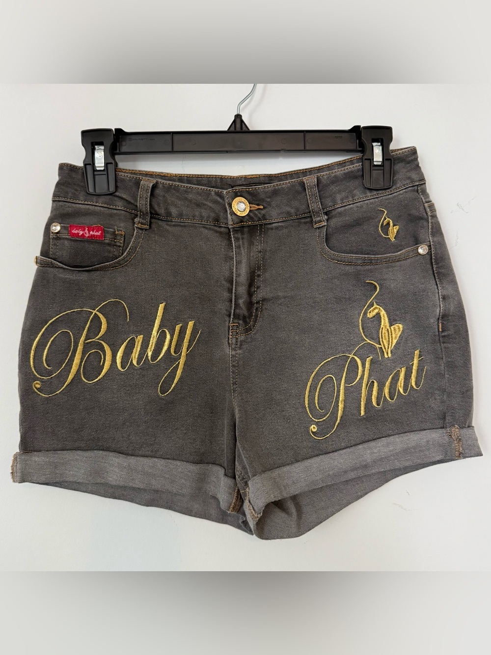 Baby Phat Women's Gray Denim Shorts with Gold Embroidery Size 5 Y2K cat print